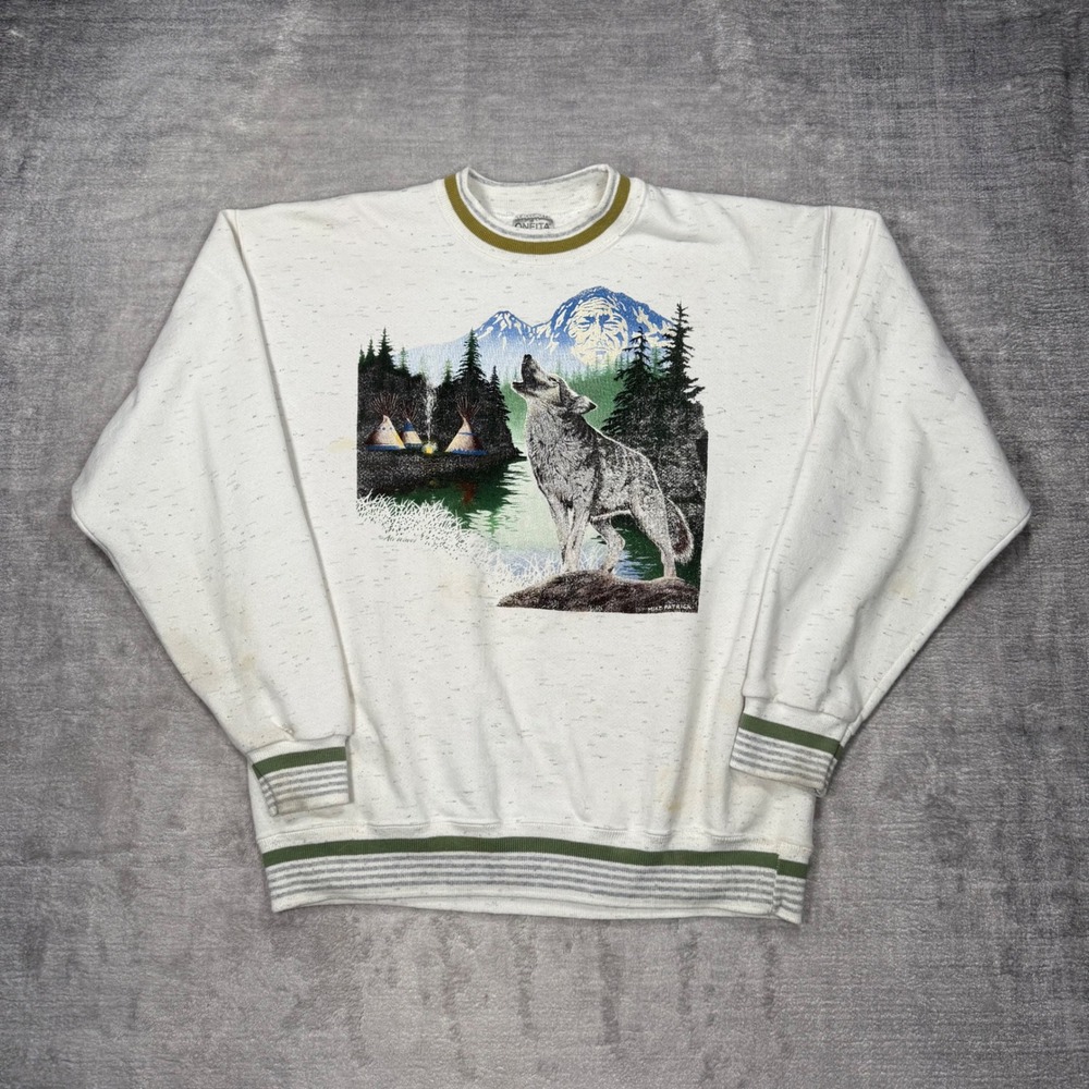 Vintage Nature Sweatshirt Mens Large Heathered White Wolf 90s Varsity Crewneck